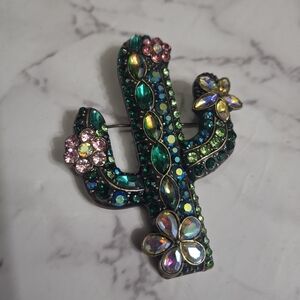 Colorful Rhinestone Cactus Brooch